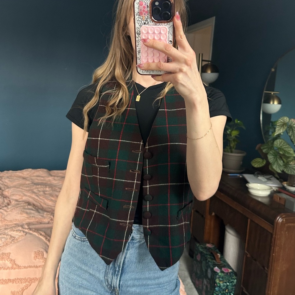 Vintage Plaid Button-Up Vest - Burgundy, red, white and Green